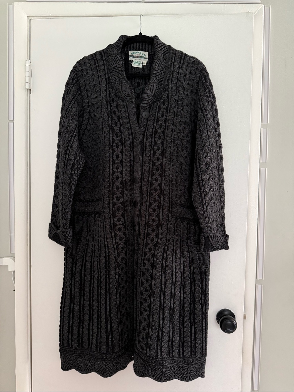 Aran Crafts Ireland 100% Merino Wool Cable Knit Sweater Coat XL